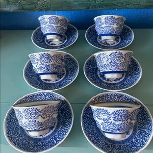 6 Vintage Chinese Blue & White China  Cups/Bowls and 6 Saucers